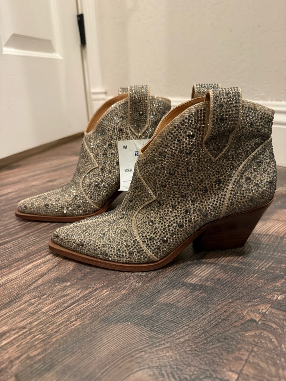 Jessica Simpson Crystal-Embellished Taupe Western Ankle Boots